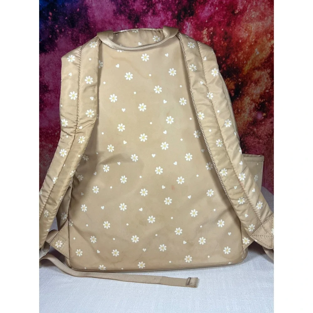 Madden NYC Tan Daisy Heart Print Nylon Backpack Gold Chain Detail Floral Bag